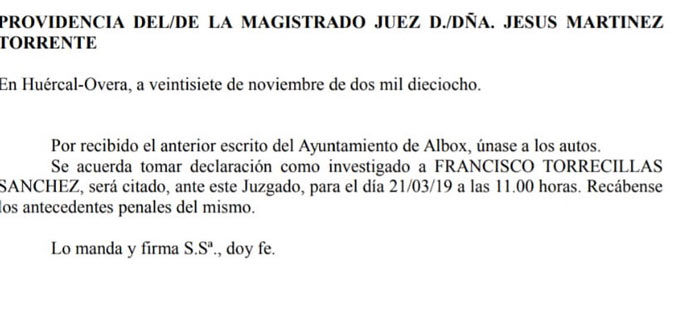 Torrecillas citado a declarar este jueves 21 por dos posibles delitos; pérdida de documentación pública y contra el honor de las personas